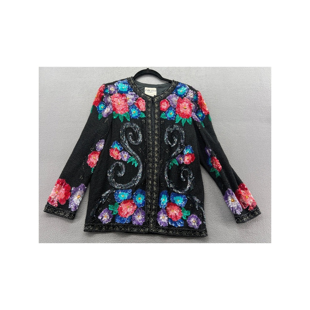 Joan Leslie Evenings Jacket Womens L VTG Silk Beaded Sequin Floral Black